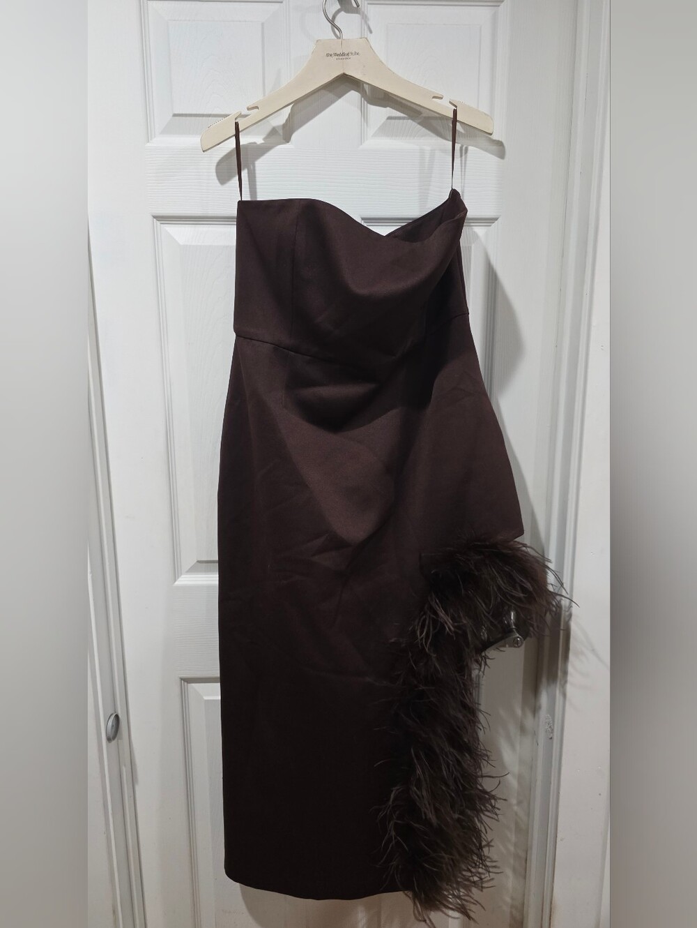 Delfi Collective Jocelyn Strapless Satin Feather Trim Midi Dress Chocolate Brown - Picture 2 of 6